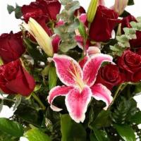 Beautiful Dozen Red Roses Long Stem Big With Lilies Vip For Mom · Beautiful bouquet of dozen roses red long stems and (pink or white) lilies fillers and green...