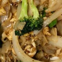 Drunken Noodles · Stir-fried rice noodle with a brown sauce, egg, basil, snow peas, onion, broccoli, and red p...