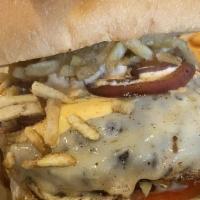 Yellow Submarine Burger · Lettuce, tomato, grilled onions, mozzarella cheese, p stick, pineapple sauce, pink sauce, ci...