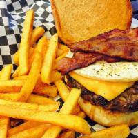 Breakfast In America Burger · Bacon, egg, American cheese and pink sauce.