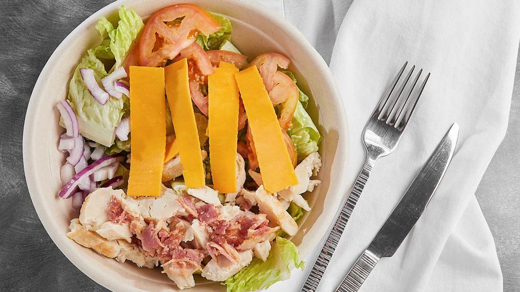 Mesquite Chicken Sub Salad (Full) · Chicken, bacon, cheddar, tomatoes, onions, ranch. 560 cal.