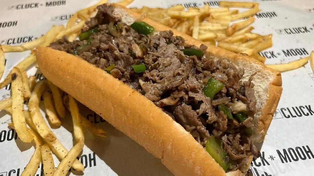 Ohh Philly Goose · Philly steak, onions, green peppers, mayo, American cheese on a 8'' hoagie roll.