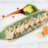 Shrimp Crunch Roll (8 Pcs) · Shrimp tempura, cream cheese topped with battered crunch, mayonnaise, shrimp and eel sauce