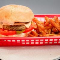 Beef Burger · Beef patty topped with lettuce, tomato, onion and our homemade spicy mayo.
