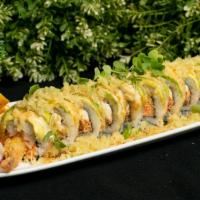 Ninja Roll · Shrimp tempura, crab mixed, and cream cheese with avocado and tempura flakes on top. Served ...
