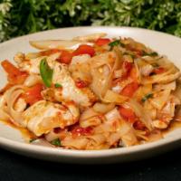 Chicken Drunken Noodles · Flat rice noodles sauteed with spicy basil sauce, onions, and bell peppers.