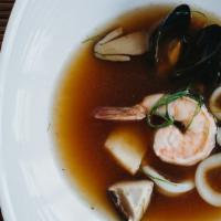 Tom Yum Talay · Seafood medley simmered with a lemongrass broth, shiitake and straw mushrooms.