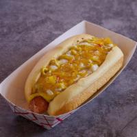 Southern Slaw Dog · Chili, cheese, coleslaw, chow chow, and mustard.