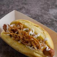 Taco Dog · Cheese, onions, diced tomatoes, jalapenos, tabasco, sour cream, and tortilla strips.