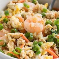 Shrimp Fried Rice · Stir fried in wok with scrambled egg, onions, carrots and green peas.