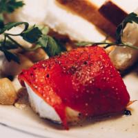 Warm Goat Cheese · Roasted red pepper, marinated olive, garlic, country bread.