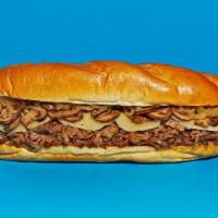 Mushroom Cheesesteak · Sliced steak with melted provolone, grilled onions, and sauteed mushrooms on a hoagie roll.