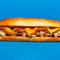 Bbq Chicken Cheesesteak · Sliced chicken with melted cheddar, fried onion rings, and tangy BBQ sauce on a hoagie roll.