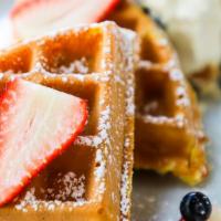 Very Berry Belgian Waffle · Barely there, light, and airy Belgian waffle served with a medley of berries, and maple syru...