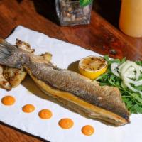 Mediterranean Seabass · (Whole-Head Off)  Romesco, Roasted Cauliflower, Salsa Verde & Charred Lemon