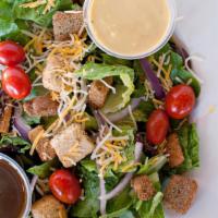 Half Garden Fresh Salad · Garden-fresh mixed greens, crispy croutons, plump tomatoes and red onions coupled with a che...