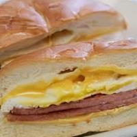 Ham, Egg & Cheese Sandwich · Cured ham, scrambled eggs, american cheese on kaiser roll.
