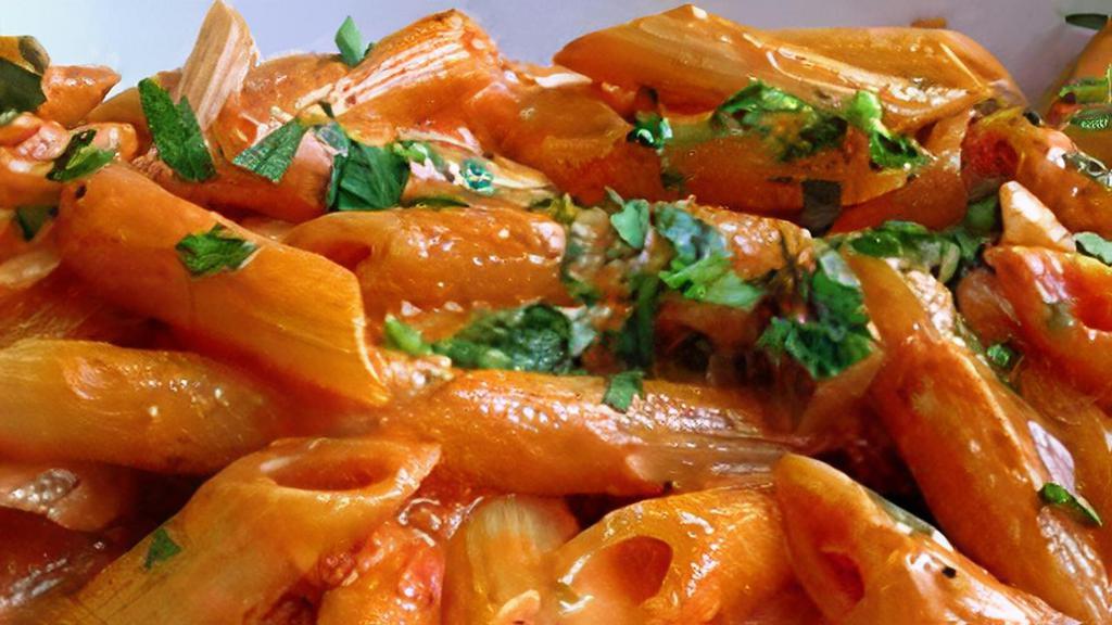 Penne A La Vodka · Penne with Vodka sauce, served with garlic knots and a small Caesar salad. If you want, you can add any protein from the list below