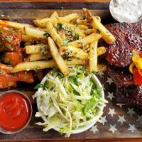 Ribs & Wings · Half Rack of Slow Cooked St. Louis Style Ribs, Roasted Wings tossed in Signature Buffalo Sau...