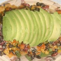 Green Soul Tostones (V, Gf) · Vegetarian. Green plantain patties topped with bean salsa, sauteed spinach and veggies and h...