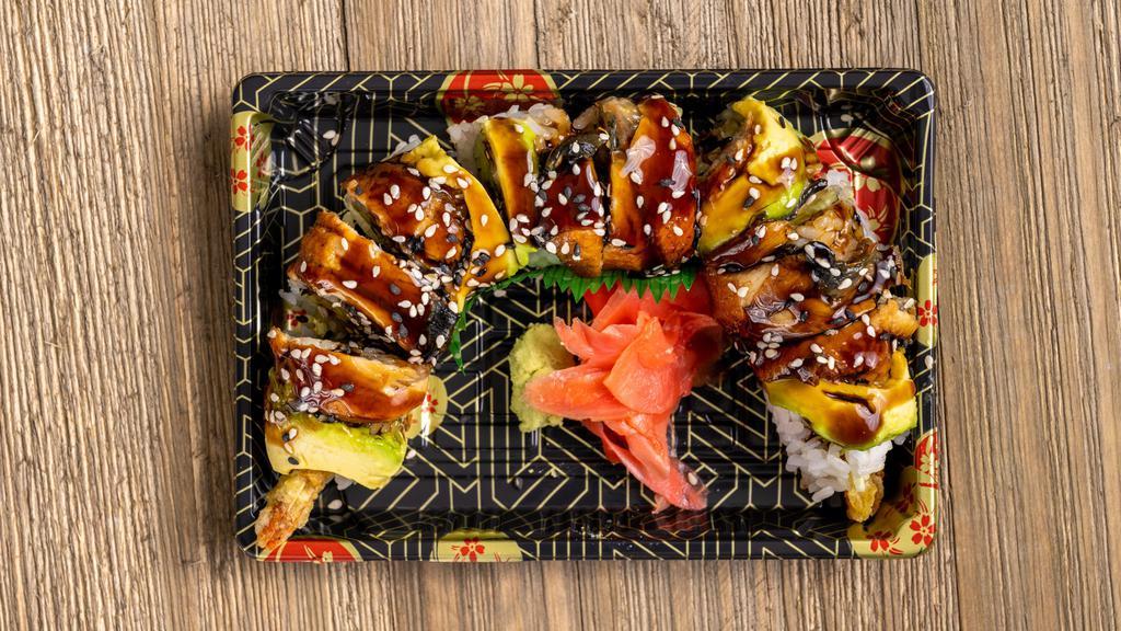 Black Dragon Roll · Shrimp tempura roll, eel, avocado on top, eel sauce.
