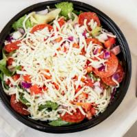 Regular Antipasto Salad · Romaine and Iceberg lettuce, ham, pepperoni, red onions, green peppers, tomatoes, and mozzar...