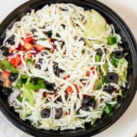 Regular Garden Salad · Romaine and Iceberg lettuce, red onions, green peppers, black olives, tomatoes, and mozzarel...