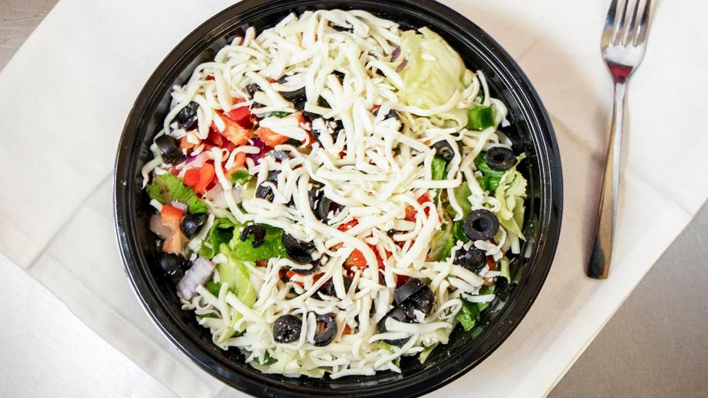 Regular Garden Salad · Romaine and Iceberg lettuce, red onions, green peppers, black olives, tomatoes, and mozzarella cheese with ranch dressing.