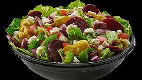 Regular Greek Salad · Romaine and Iceberg Lettuce, red onions, tomatoes, beets, Kalamata olives, pepperoncini, Gor...