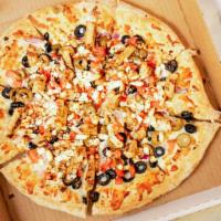 Small Mediterranean Chicken Pizza · Chicken, feta, red onions, tomatoes, black and green olives, olive oil, and minced garlic.