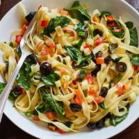Mediterranean · Made with zucchini, red peppers, olives, baby spinach, and basil with flavorful Aglio and Ol...