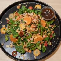 Asiana Salad · Tri color mixed greens, mandarin, crispy noodles, roma tomatoes, cabbage, carrots, toasted s...