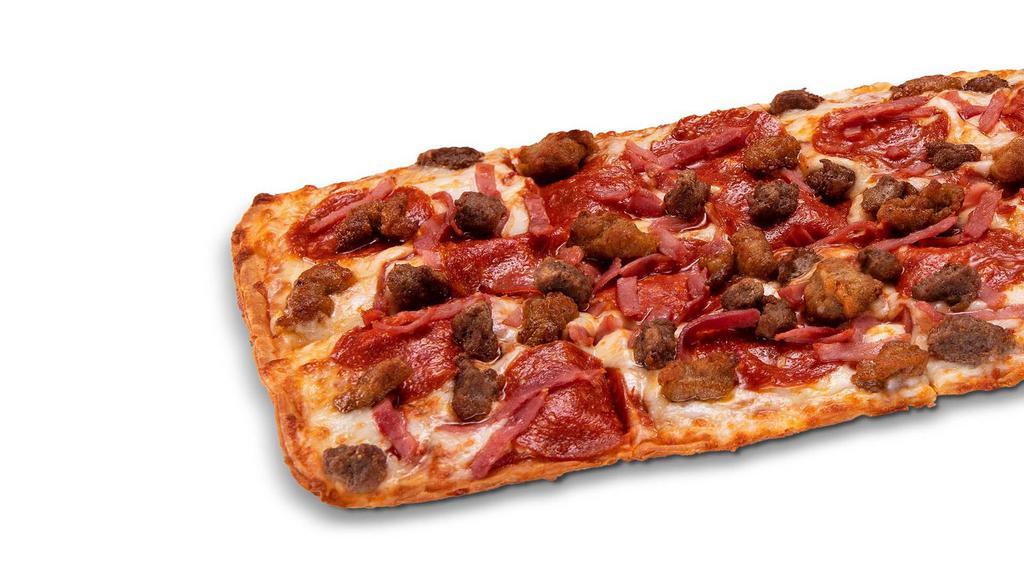 Meat Eaters · Pepperoni, ham, Italian sausage, ground beef, mozzarella. 170 calories per slice.