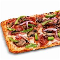 Howie Special · Pepperoni, ham, mushrooms, red onions, green peppers, mozzarella. 130 calories per slice.