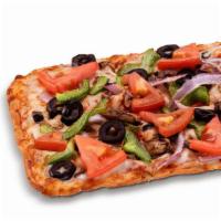 Veggie · Mushrooms, red onions, green peppers, tomatoes, black olives, mozzarella. 120 calories per s...