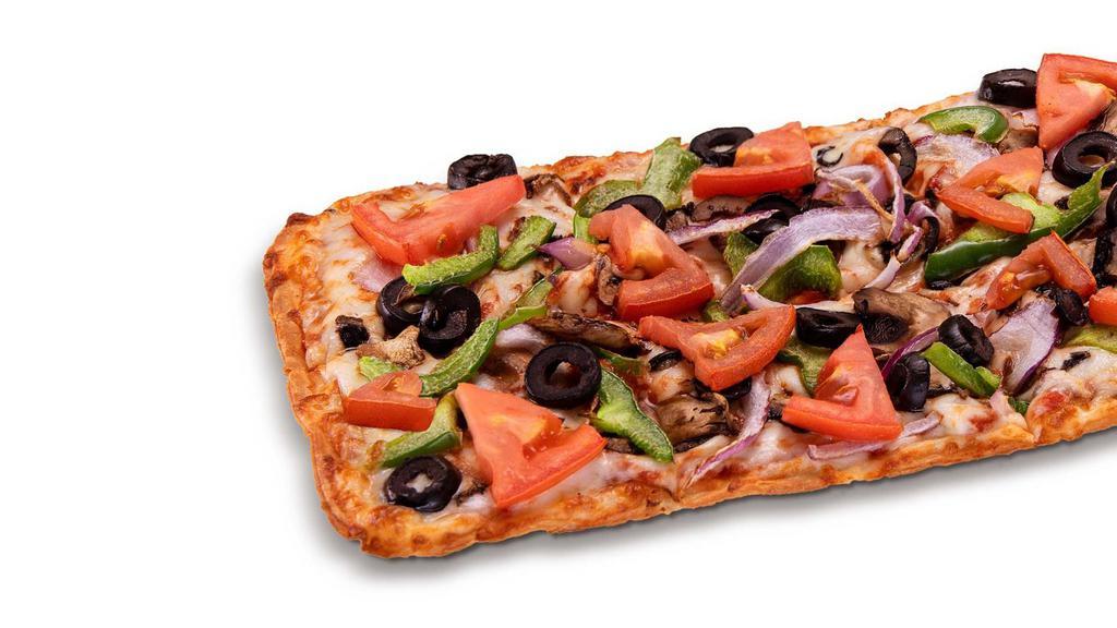 Veggie · Mushrooms, red onions, green peppers, tomatoes, black olives, mozzarella. 120 calories per slice.