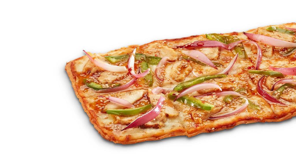 Asian Chicken · Asian sauce, chicken, red onions, green peppers, sesame seeds, mozzarella. 150 calories per slice.