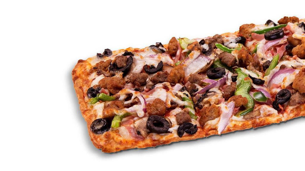 Works · Pepperoni, ham, Italian sausage, ground beef, mushrooms, red onions, green peppers, black olives, extra mozzarella. 160 calories per slice.