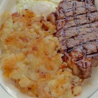 Angus Ny Strip Steak (10 Oz.) & Eggs · Any Style.

*May be cooked to order. Consuming raw or undercooked meat, poultry, seafood, sh...