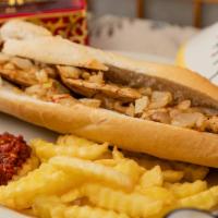 Chicken Sandwich · Moroccan spiced ground chicken. Comes with Moroccan fries in a 10-inch baguette.