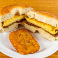 Sausage, Egg & Cheese Sandwich · With hash browns.
