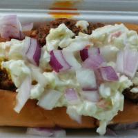 All The Way Dog · Mustard, onions, slaw, and chili.
