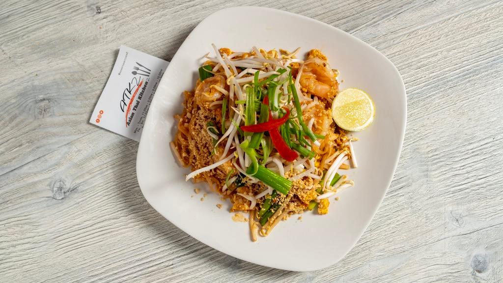 Shrimp Pad Thai · Sauteed rice noodles with shrimp, eggs, bean sprouts, scallions and fried tofu topped with ground peanuts.