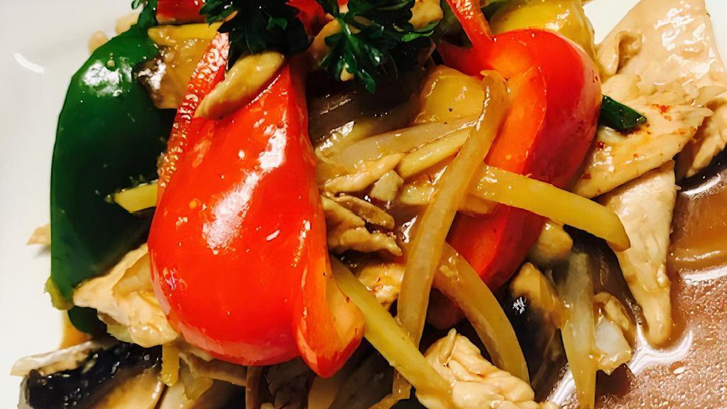 Thai Ginger Sauce · Healthy. Sauteed with ginger, onions, bell peppers, pineapple, scallions, and mushrooms.