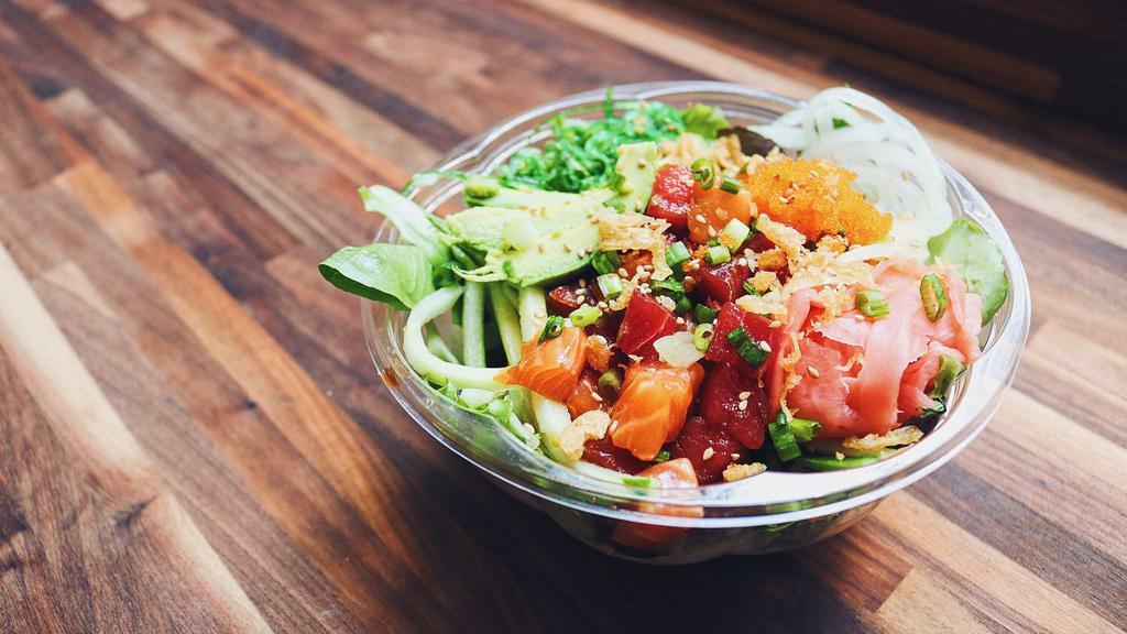 Large Poke Bowl - Three Scoops · 3 Scoops Customized Poke Bowl - Your choice of base, 3 scoops of protein , marinade, toppings, and aioli. Use 