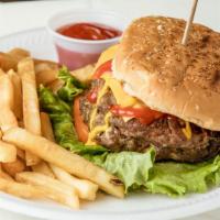 🍔🍟Classic Double Cheeseburger + Fries · Two delicious fresh beef patties grilled with American cheese, caramelized  onions, and pick...