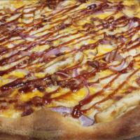Bbq Chicken Large Thin Pizza · Sweet BBQ sauce as a base. Chicken, bacon, red onion, mozzarella and cheddar cheese. More sw...