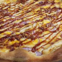 Bbq Chicken Small Thin Pizza · Sweet BBQ sauce as a base. Chicken, bacon, red onion, mozzarella and cheddar cheese. More sw...