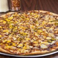 Bbq Chicken · Chicken, bacon, red onion, cheddar and mozzarella cheese. Topped with sweet BBQ sauce.