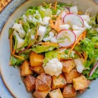 Salad With Smoked Tofu · Local greens, celery, radish, carrot, fresh herbs, red onion, and Latin Green Goddess dressi...
